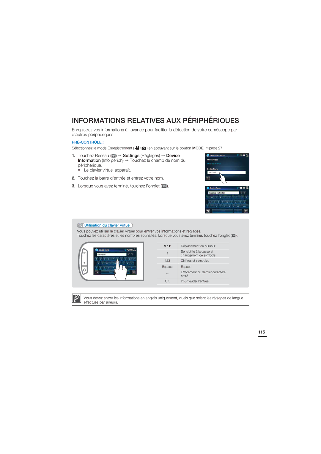 Samsung HMX-S10BP/EDC manual Informations Relatives AUX Périphériques, Lorsque vous avez terminé, touchez longlet OK, 115 