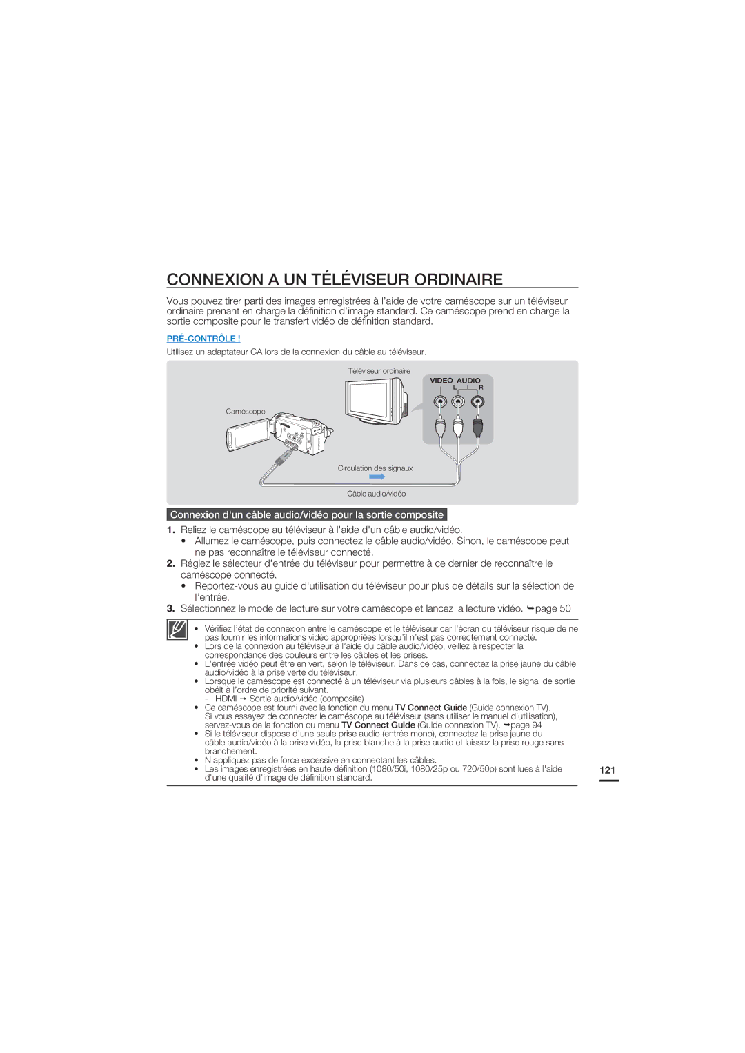 Samsung HMX-S10BP/EDC manual Connexion a UN Téléviseur Ordinaire, Connexion dun câble audio/vidéo pour la sortie composite 