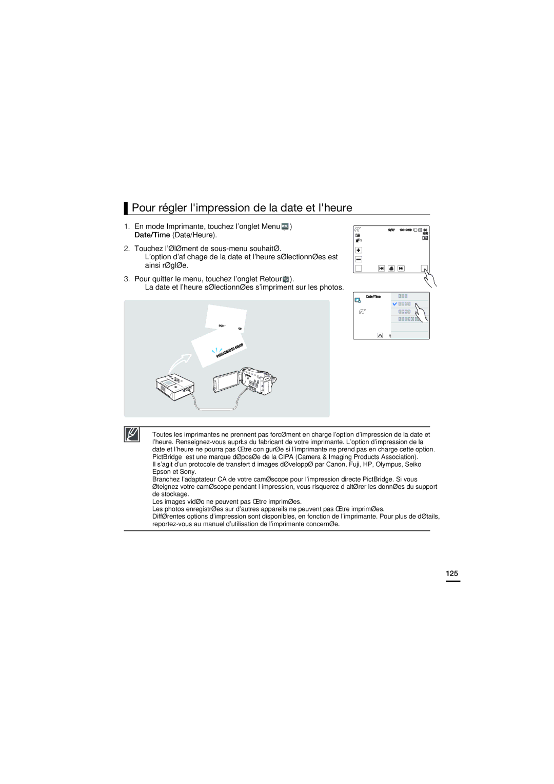 Samsung HMX-S10BP/EDC, HMX-S15BP/EDC manual Pour régler limpression de la date et lheure, 125 