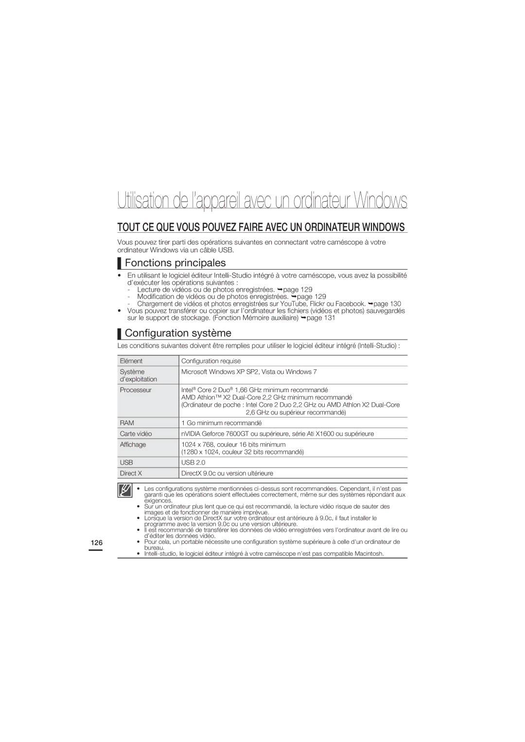 Samsung HMX-S15BP/EDC, HMX-S10BP/EDC manual Fonctions principales, Conﬁguration système 