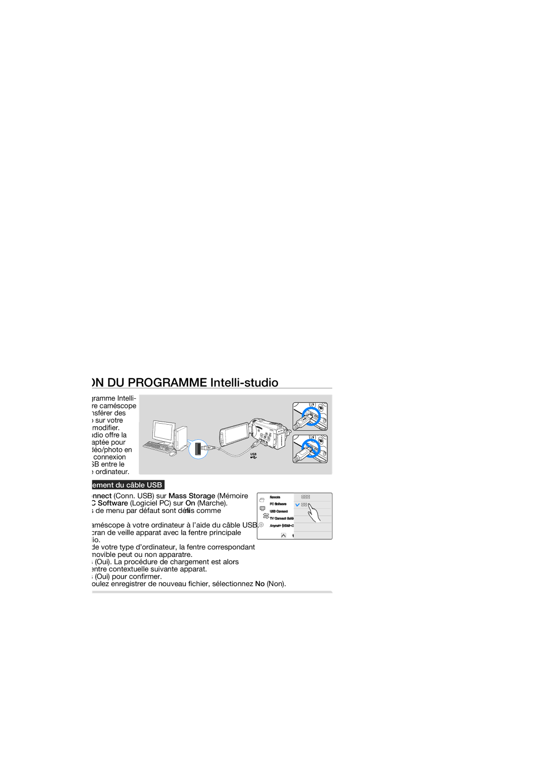 Samsung HMX-S10BP/EDC, HMX-S15BP/EDC manual Utilisation DU Programme Intelli-studio, Etape 1. Raccordement du câble USB 