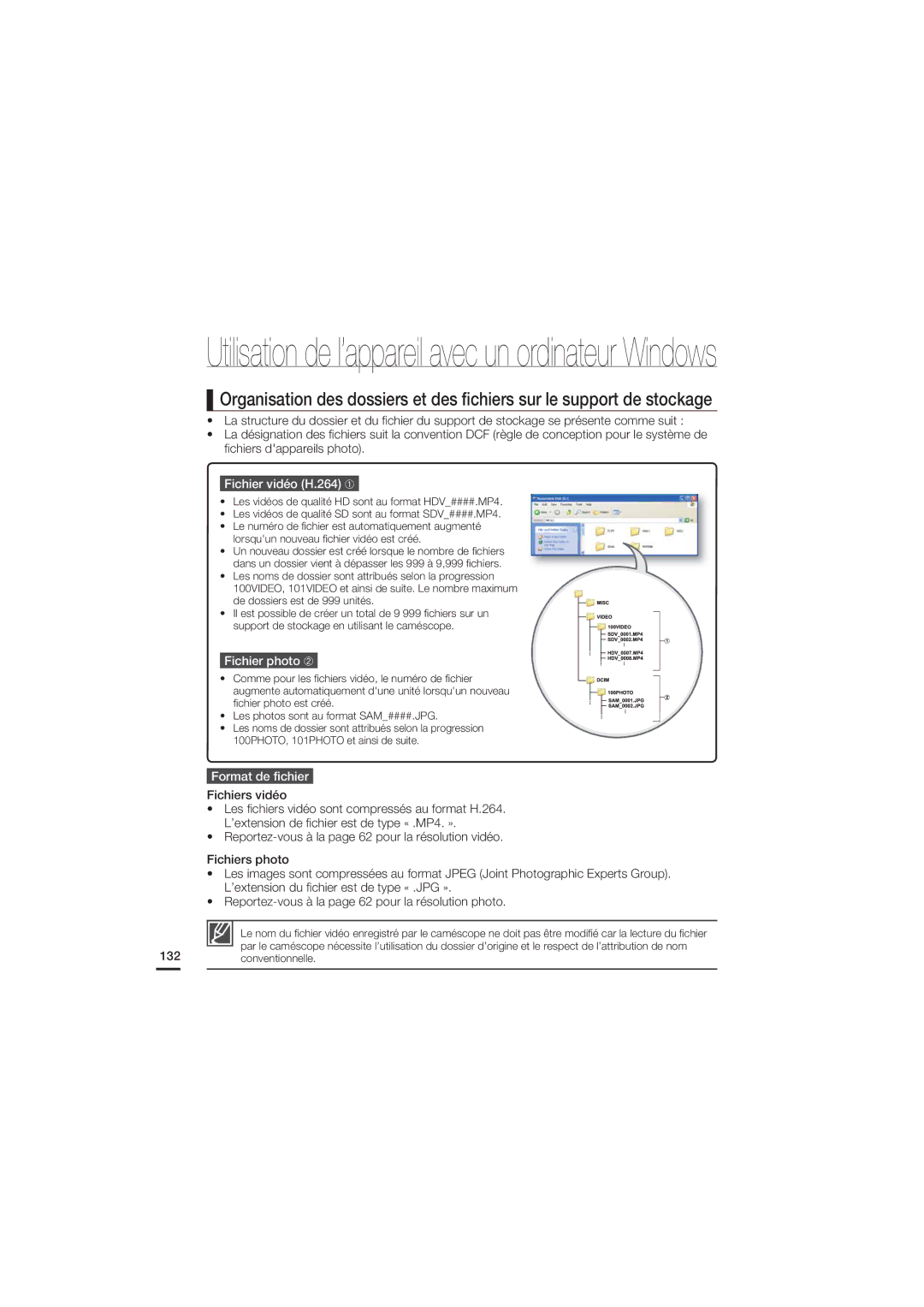 Samsung HMX-S15BP/EDC, HMX-S10BP/EDC manual Fichier vidéo H.264 ➀, Fichier photo ➁, Format de ﬁchier, Conventionnelle 