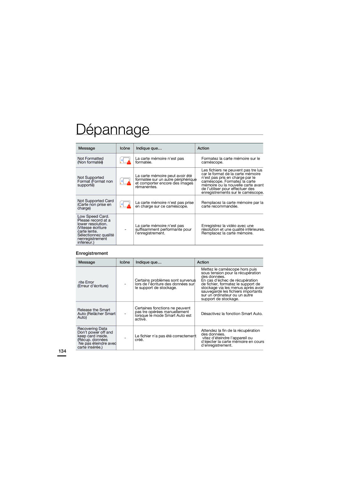 Samsung HMX-S15BP/EDC, HMX-S10BP/EDC manual Enregistrement, 134 