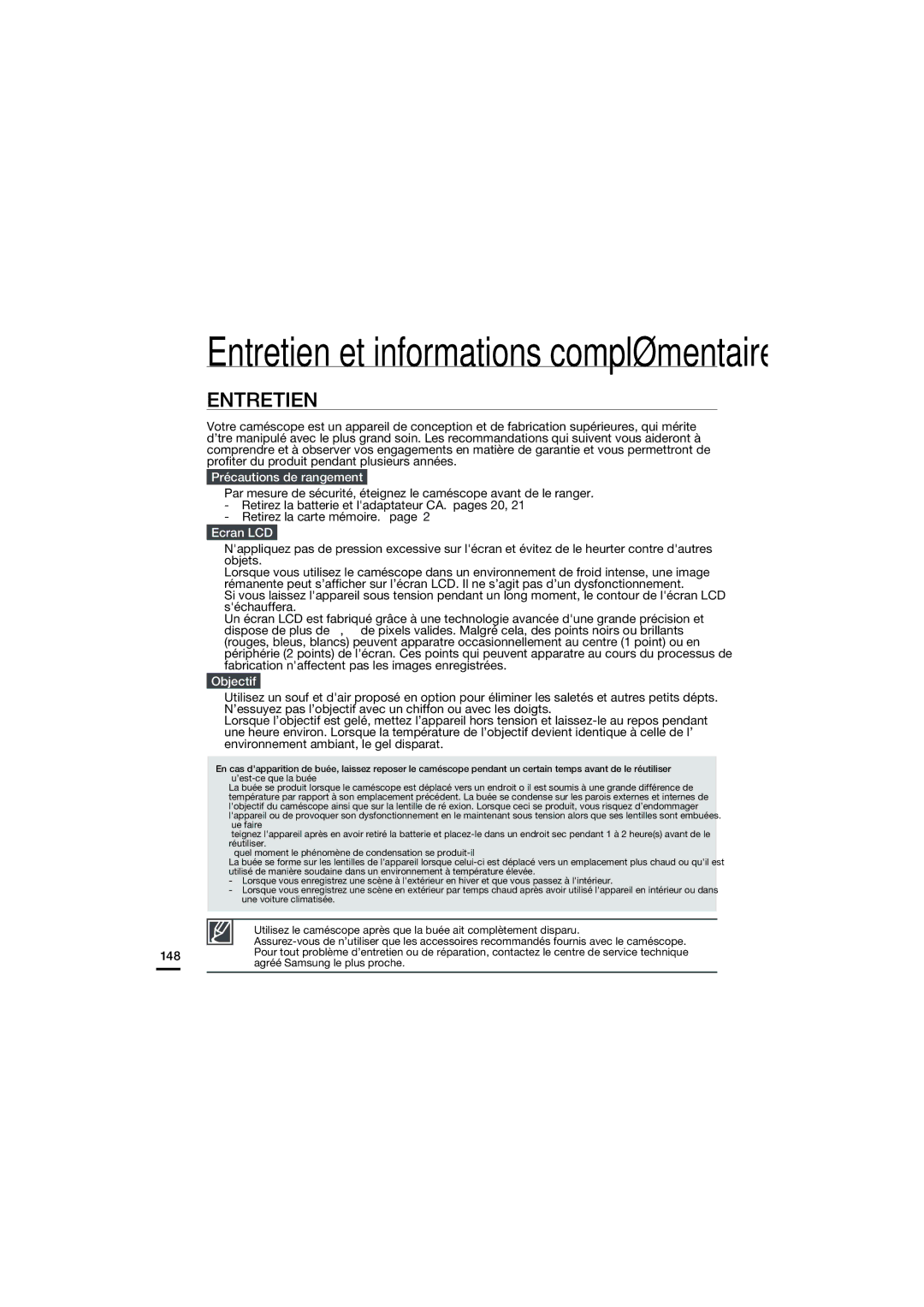 Samsung HMX-S15BP/EDC, HMX-S10BP/EDC manual Entretien, Précautions de rangement, Ecran LCD, Objectif 
