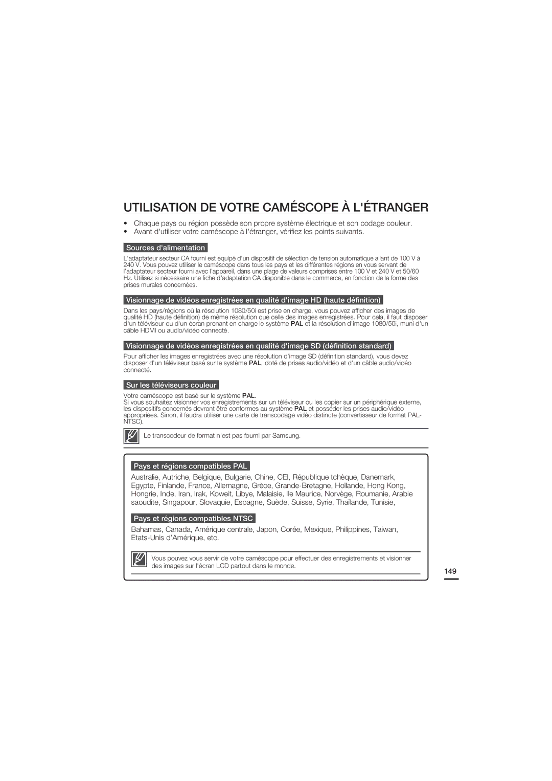 Samsung HMX-S10BP/EDC manual Utilisation DE Votre Caméscope À Létranger, Sources dalimentation, Sur les téléviseurs couleur 