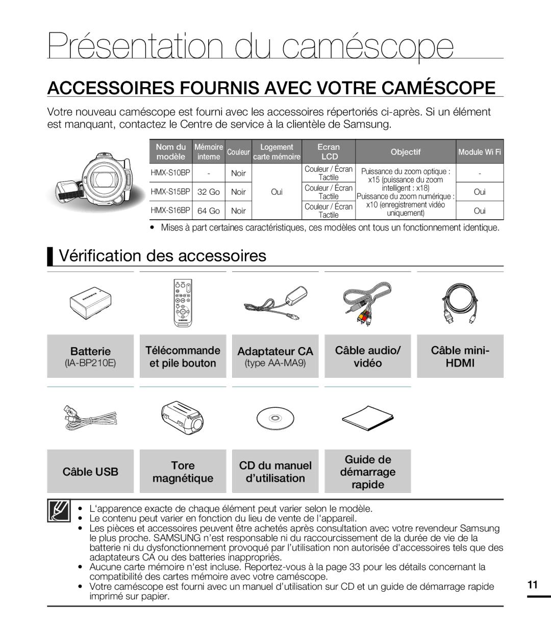 Samsung HMX-S10BP/EDC, HMX-S15BP/EDC manual Présentation du caméscope 