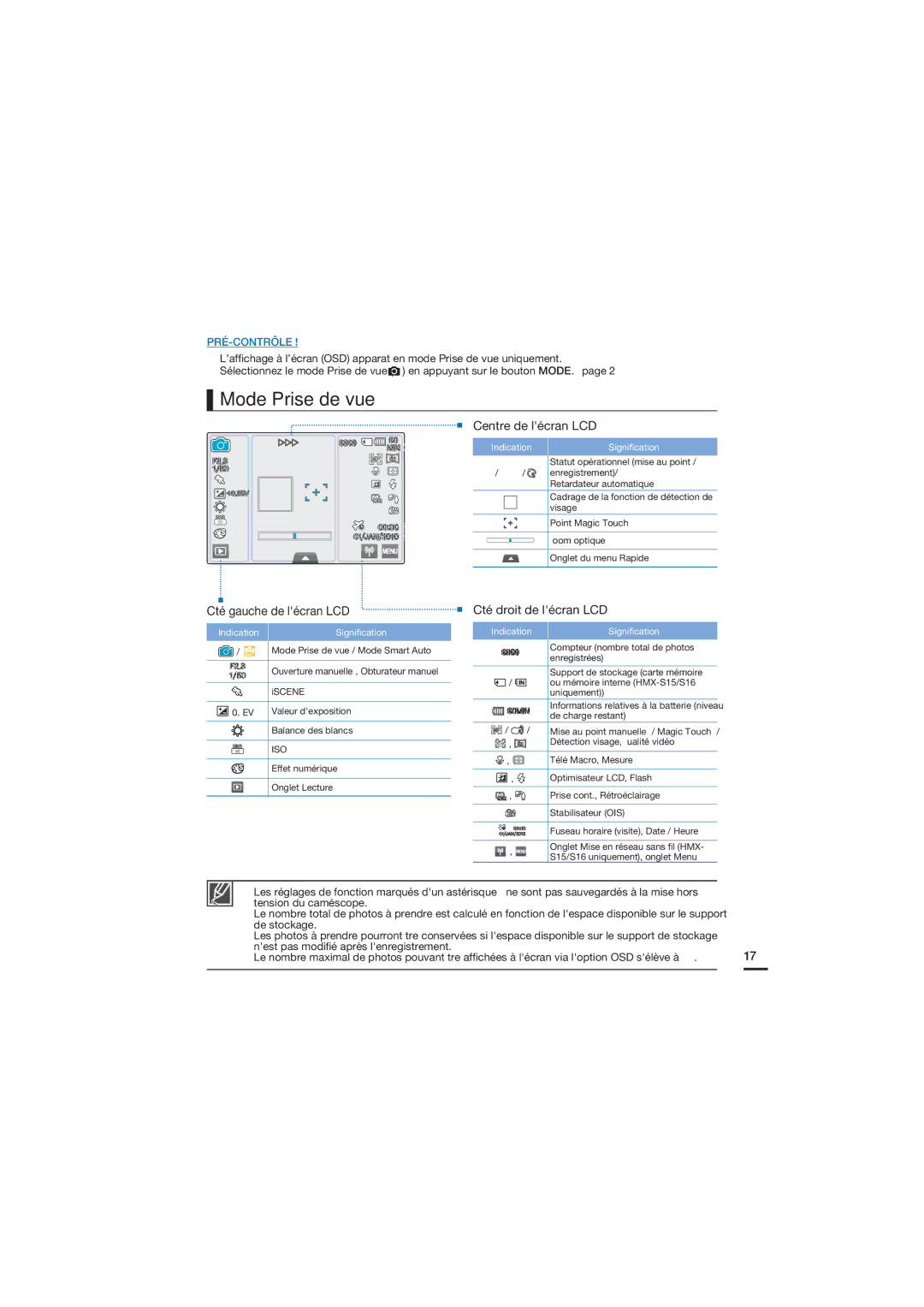 Samsung HMX-S10BP/EDC, HMX-S15BP/EDC manual Mode Prise de vue 