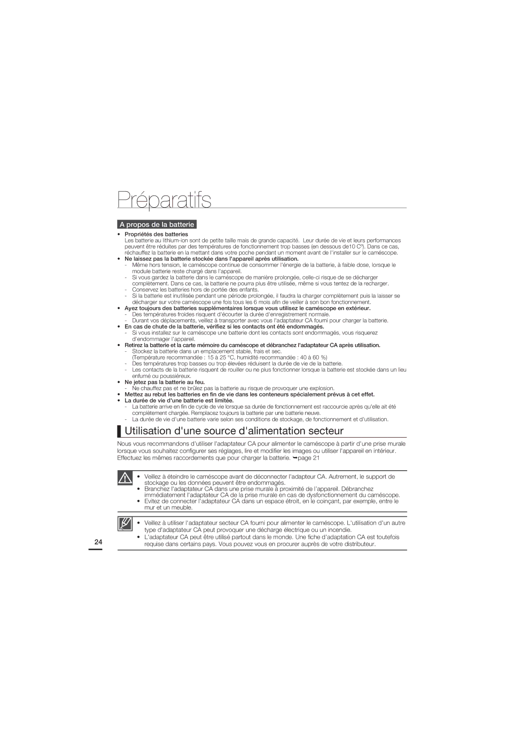 Samsung HMX-S15BP/EDC manual Utilisation dune source dalimentation secteur, Propos de la batterie, Propriétés des batteries 