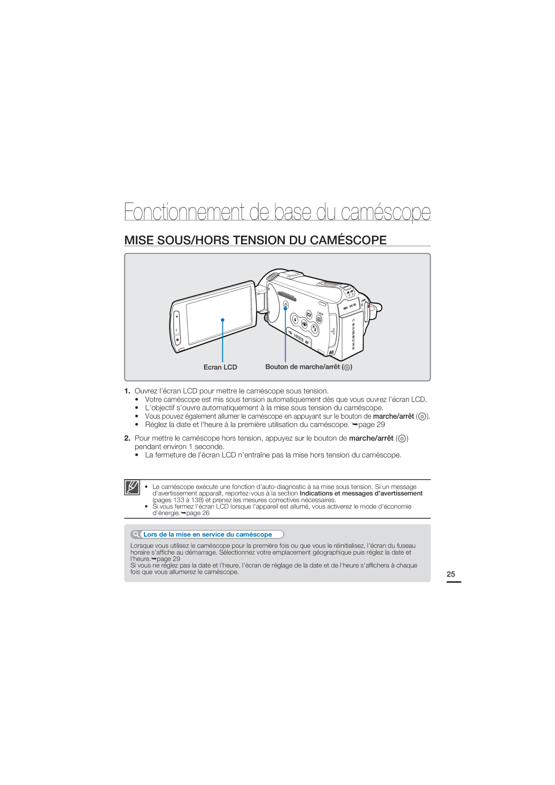 Samsung HMX-S10BP/EDC, HMX-S15BP/EDC manual Fonctionnement de base du caméscope, Mise SOUS/HORS Tension DU Caméscope 