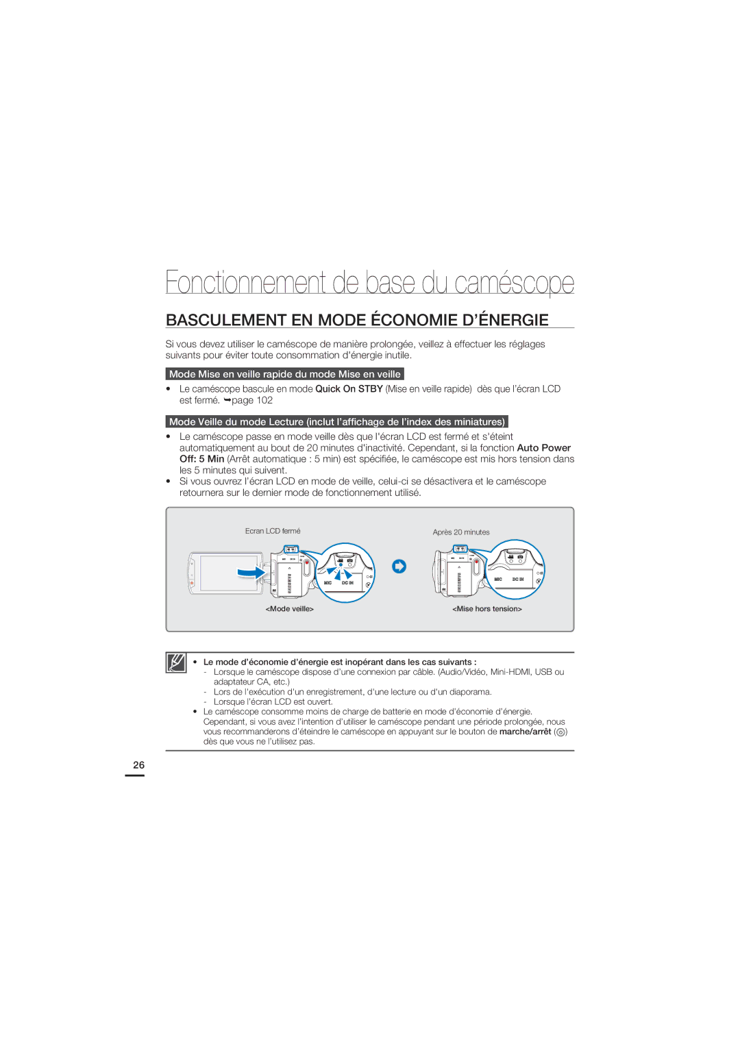 Samsung HMX-S15BP/EDC manual Basculement EN Mode Économie D’ÉNERGIE, Mode Mise en veille rapide du mode Mise en veille 