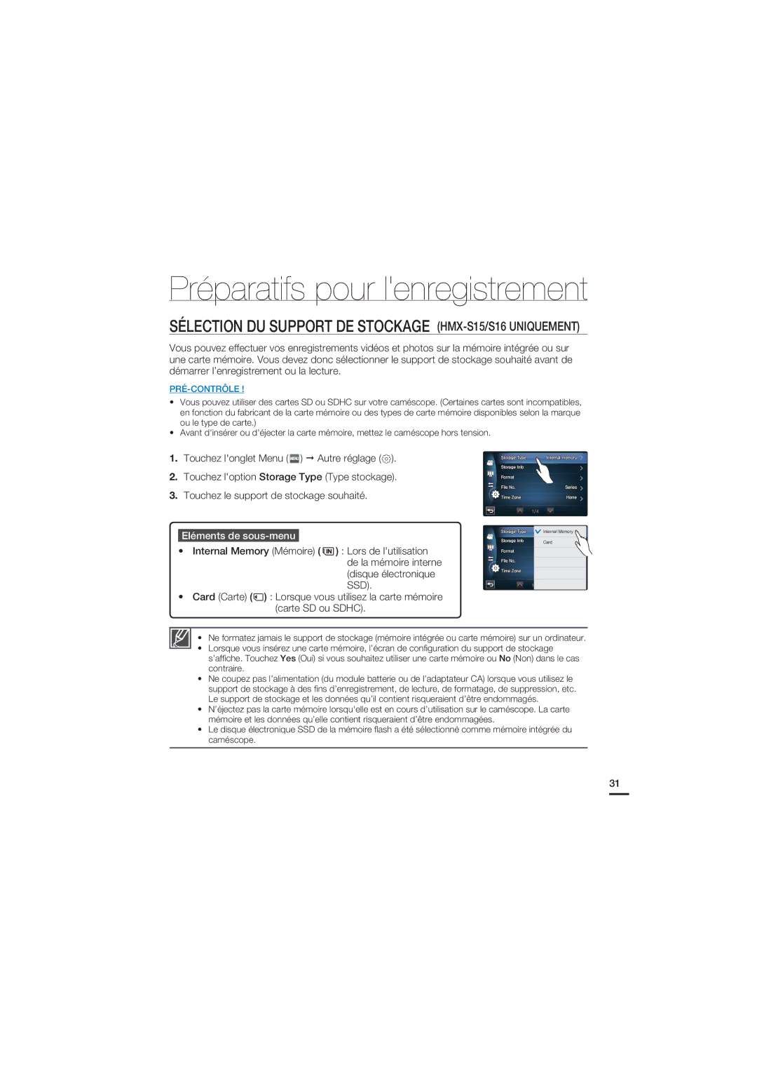 Samsung HMX-S10BP/EDC, HMX-S15BP/EDC manual Préparatifs pour lenregistrement, Eléments de sous-menu 