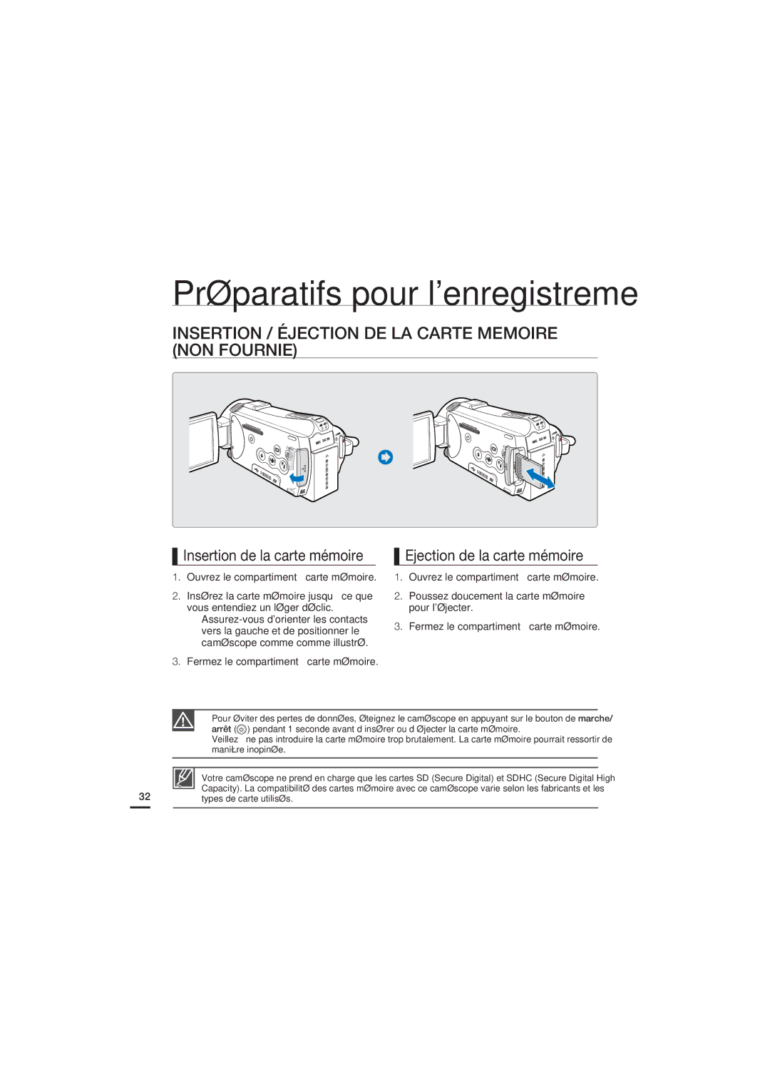 Samsung HMX-S15BP/EDC, HMX-S10BP/EDC Insertion / Éjection DE LA Carte Memoire NON Fournie, Insertion de la carte mémoire 