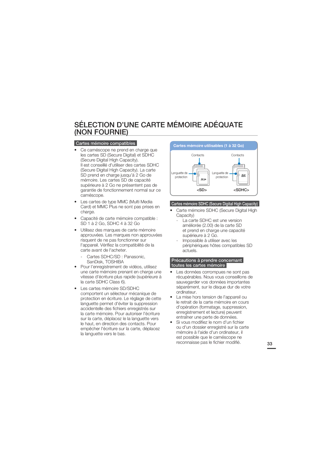 Samsung HMX-S10BP/EDC, HMX-S15BP/EDC manual Sélection D’UNE Carte Mémoire Adéquate NON Fournie, Cartes mémoire compatibles 