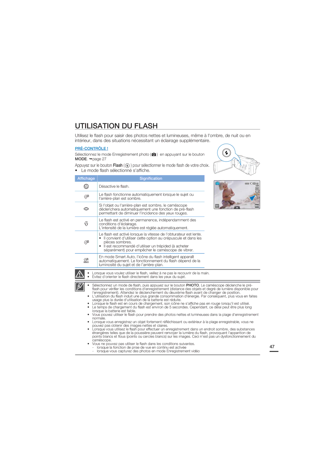 Samsung HMX-S10BP/EDC, HMX-S15BP/EDC manual Utilisation DU Flash 