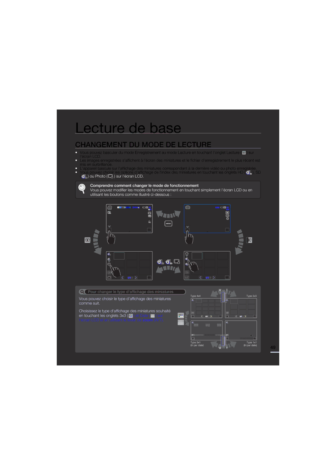 Samsung HMX-S10BP/EDC Lecture de base, Changement DU Mode DE Lecture, Lécran LCD et en utilisant le levier de zoom W/T 