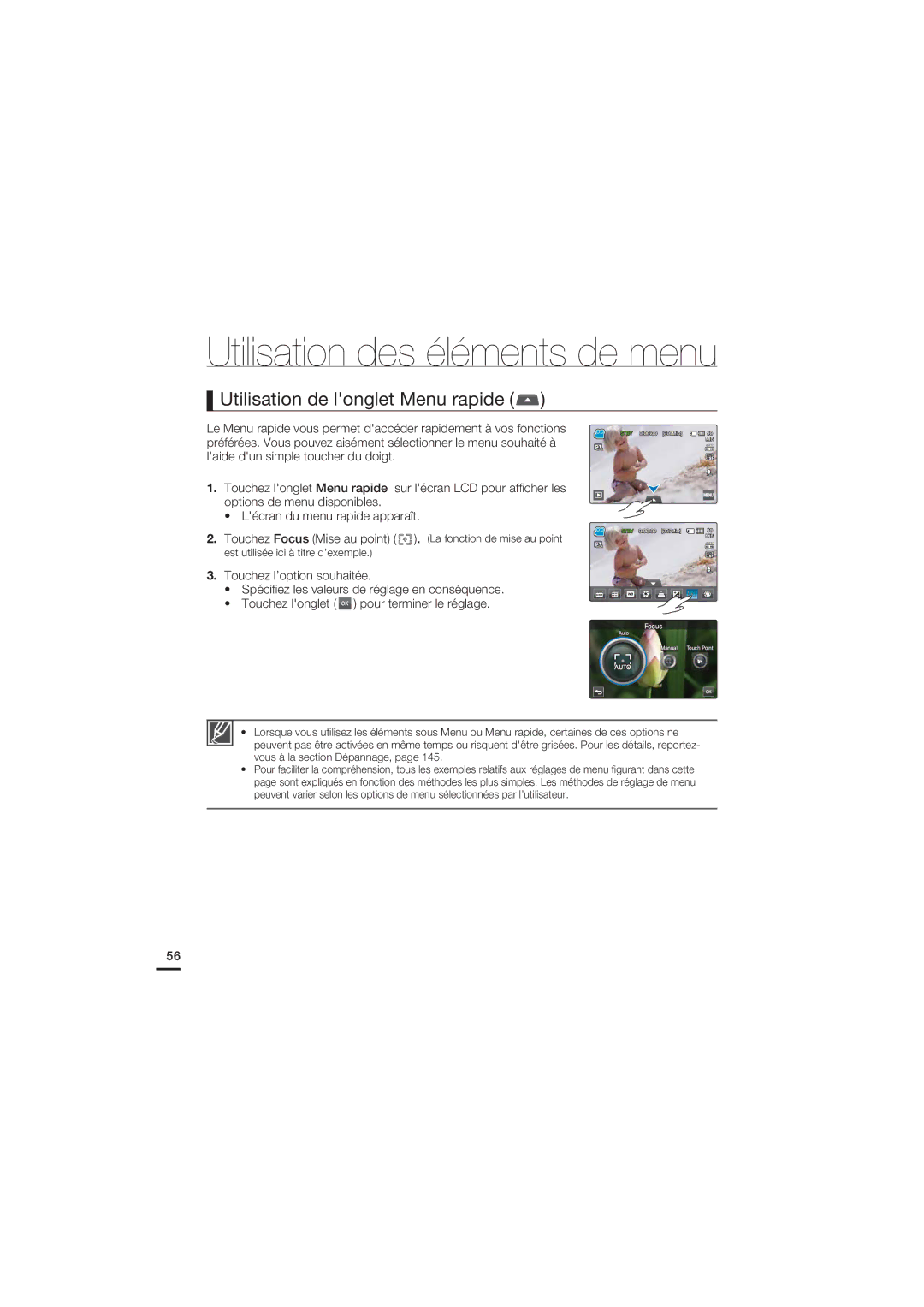 Samsung HMX-S15BP/EDC, HMX-S10BP/EDC manual Utilisation de longlet Menu rapide 