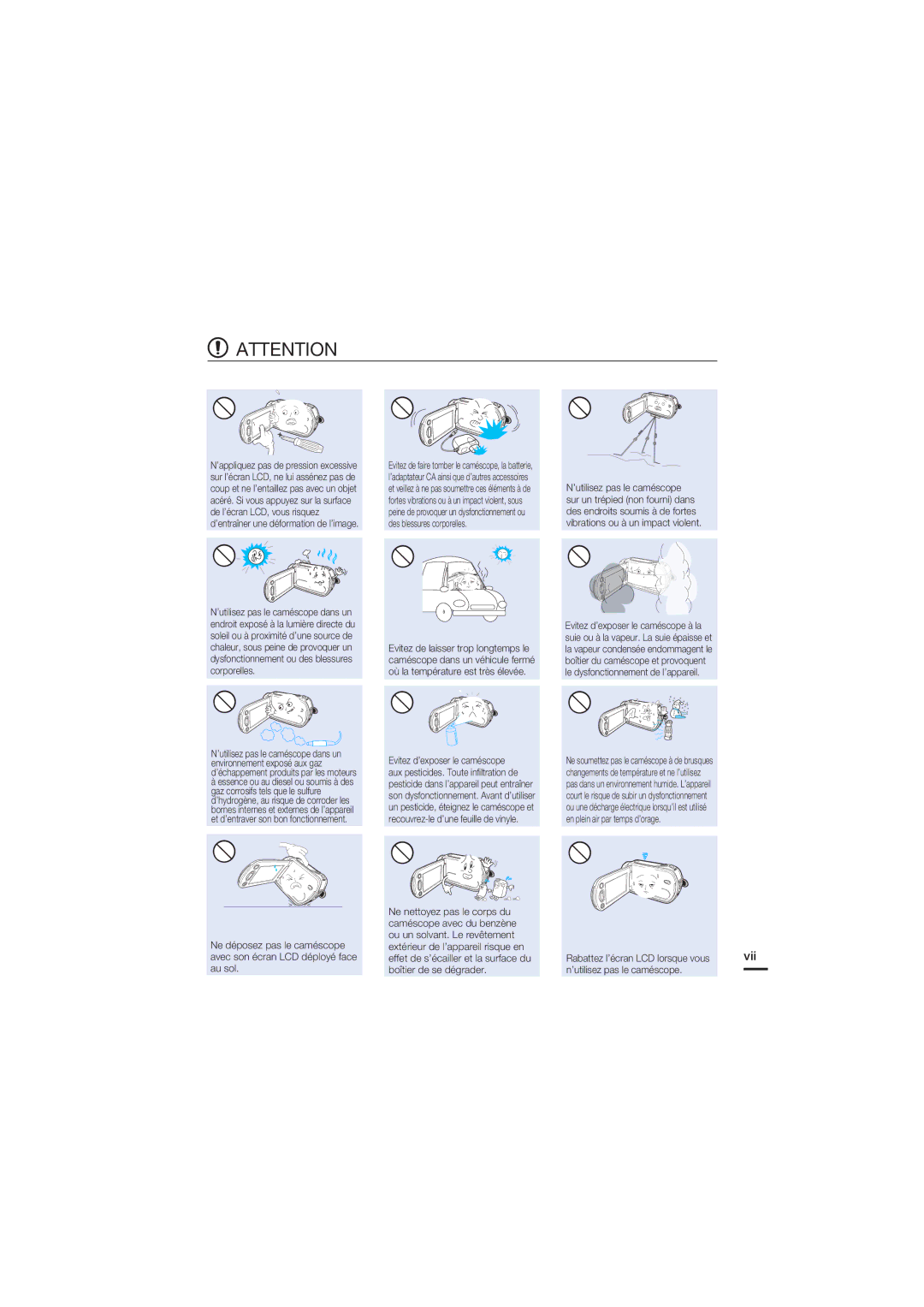 Samsung HMX-S10BP/EDC, HMX-S15BP/EDC manual Vii, ’utilisez pas le caméscope 