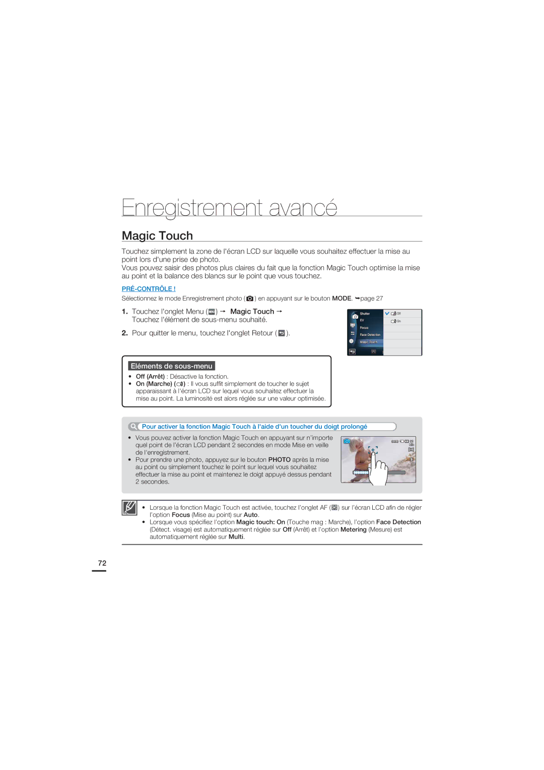 Samsung HMX-S15BP/EDC, HMX-S10BP/EDC manual Magic Touch, Off Arrêt Désactive la fonction 