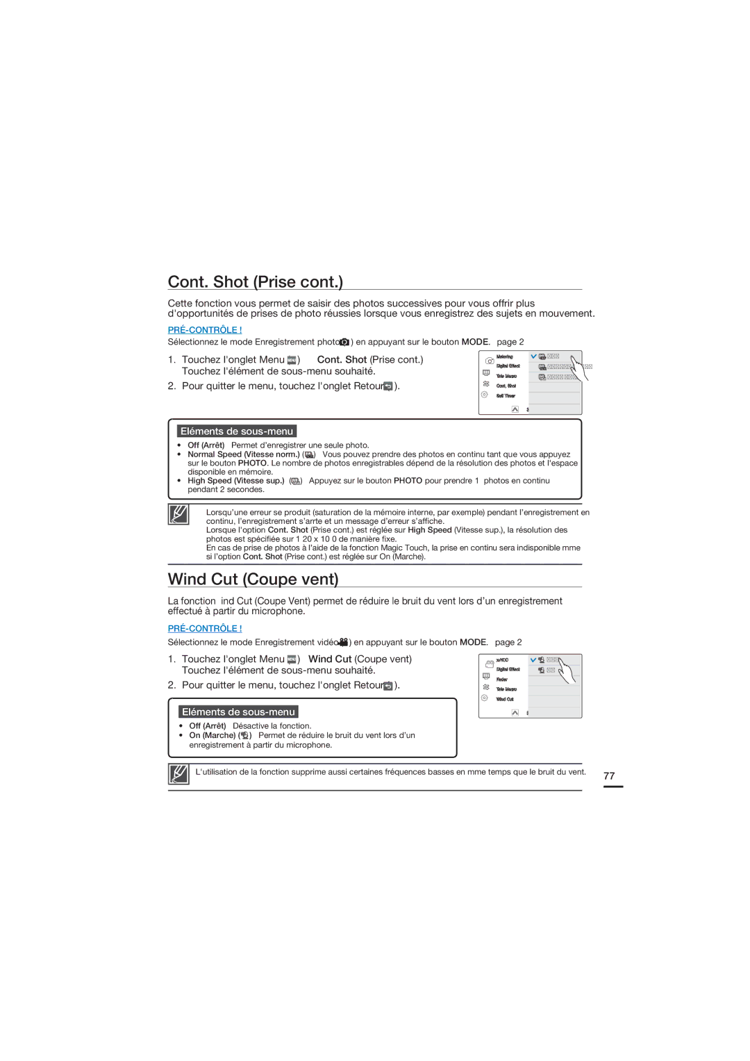 Samsung HMX-S10BP/EDC, HMX-S15BP/EDC manual Wind Cut Coupe vent, Touchez longlet Menu Cont. Shot Prise 