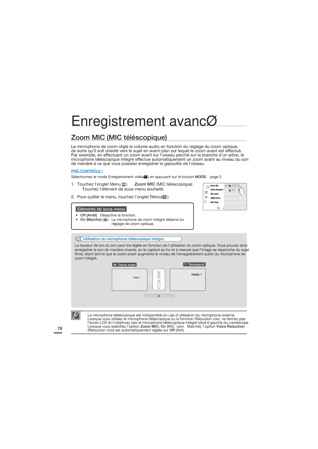 Samsung HMX-S15BP/EDC, HMX-S10BP/EDC manual Zoom MIC MIC téléscopique, Zoom intégré 