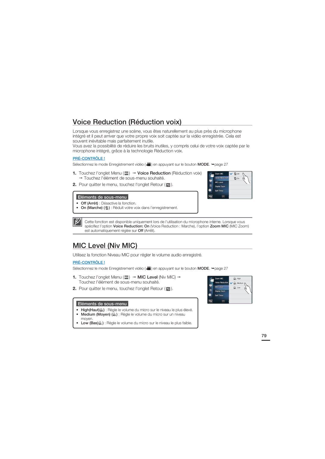 Samsung HMX-S10BP/EDC, HMX-S15BP/EDC manual Voice Reduction Réduction voix, MIC Level Niv MIC 