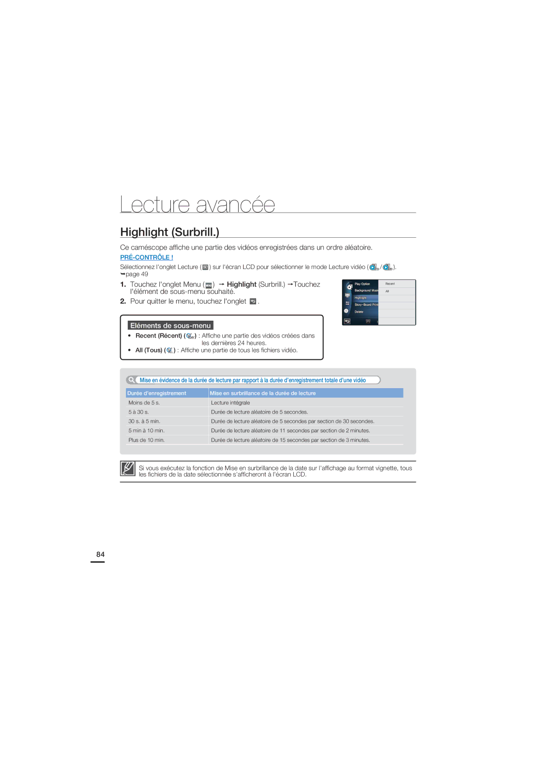 Samsung HMX-S15BP/EDC, HMX-S10BP/EDC Touchez longlet Menu Highlight Surbrill. Touchez, Lélément de sous-menu souhaité 