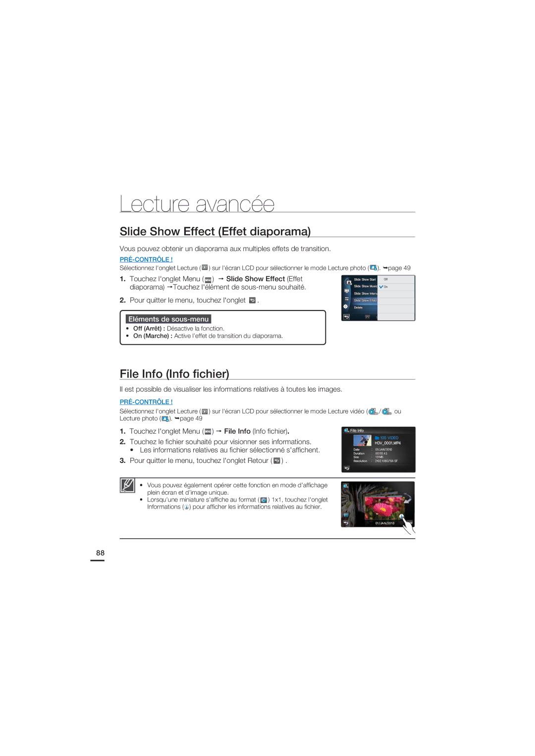 Samsung HMX-S15BP/EDC, HMX-S10BP/EDC manual Slide Show Effect Effet diaporama, File Info Info ﬁchier 