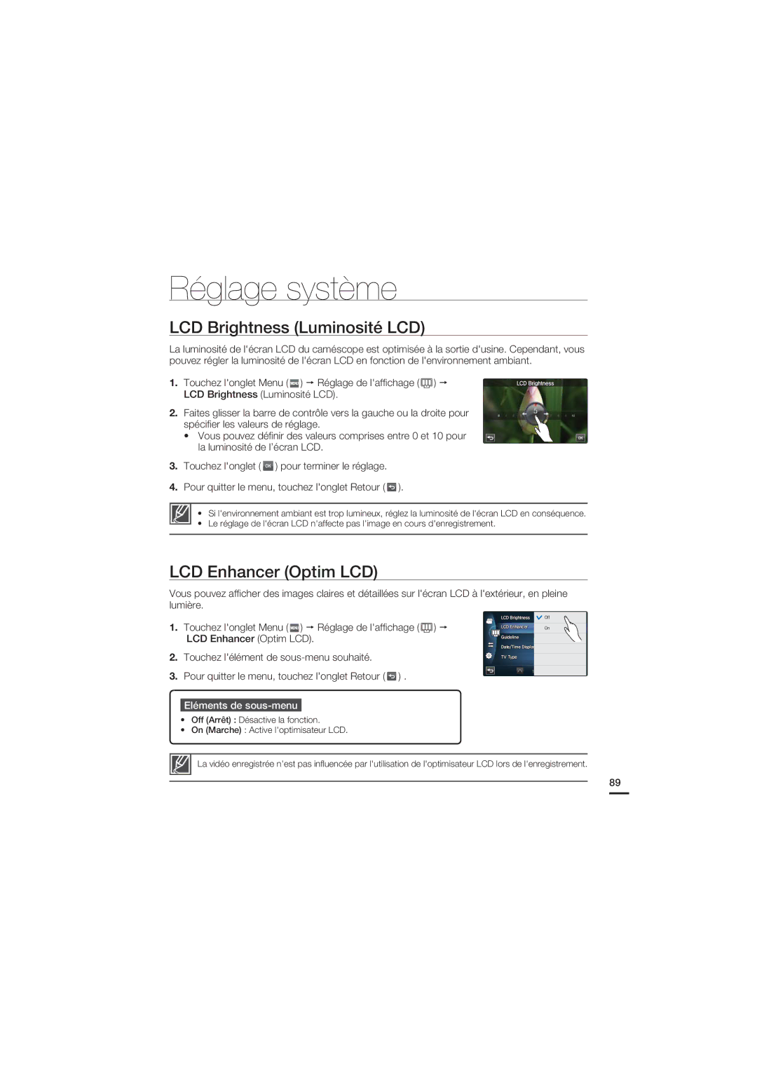 Samsung HMX-S10BP/EDC, HMX-S15BP/EDC manual Réglage système, LCD Brightness Luminosité LCD, LCD Enhancer Optim LCD 