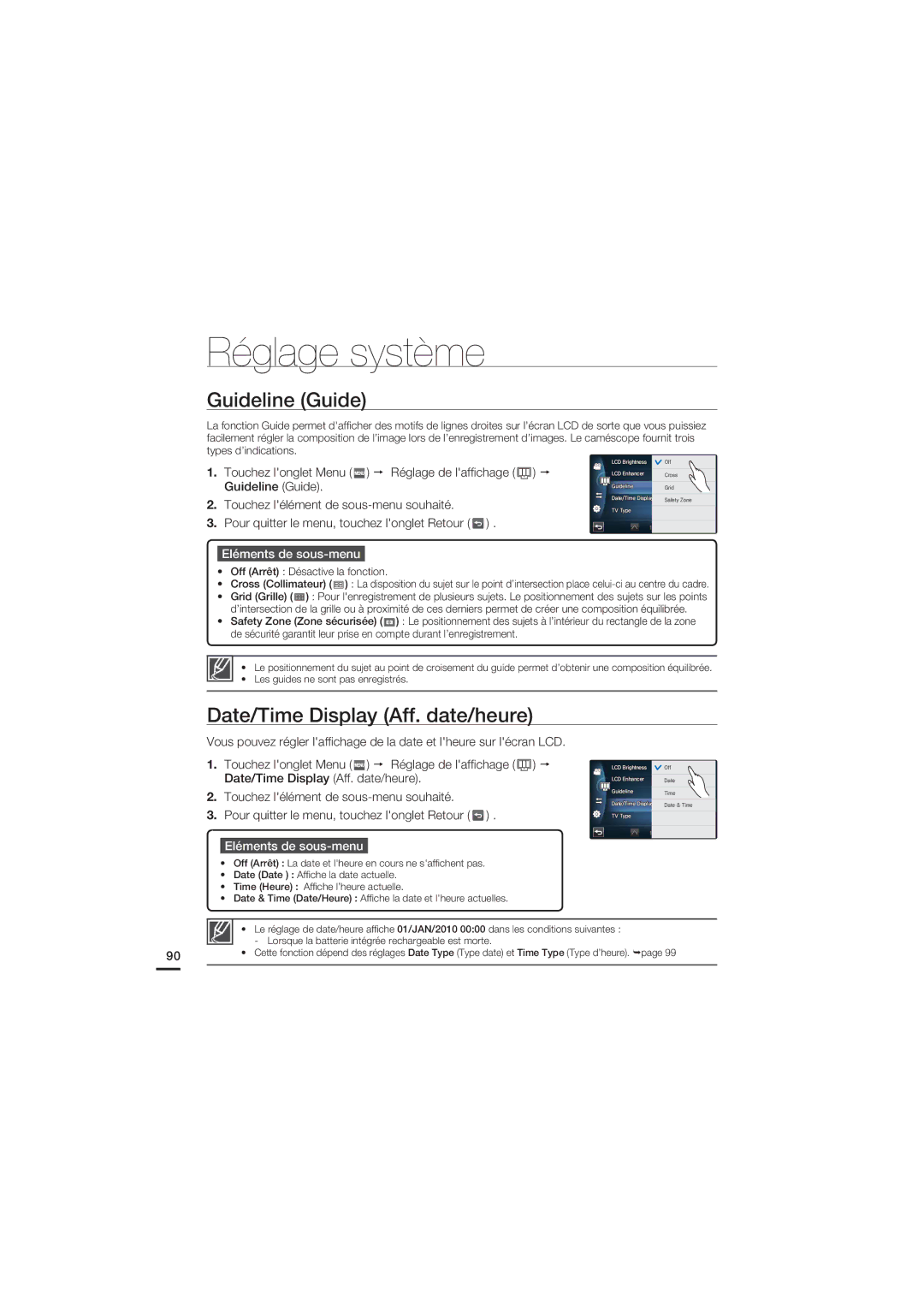 Samsung HMX-S15BP/EDC, HMX-S10BP/EDC manual Guideline Guide, Date/Time Display Aff. date/heure 