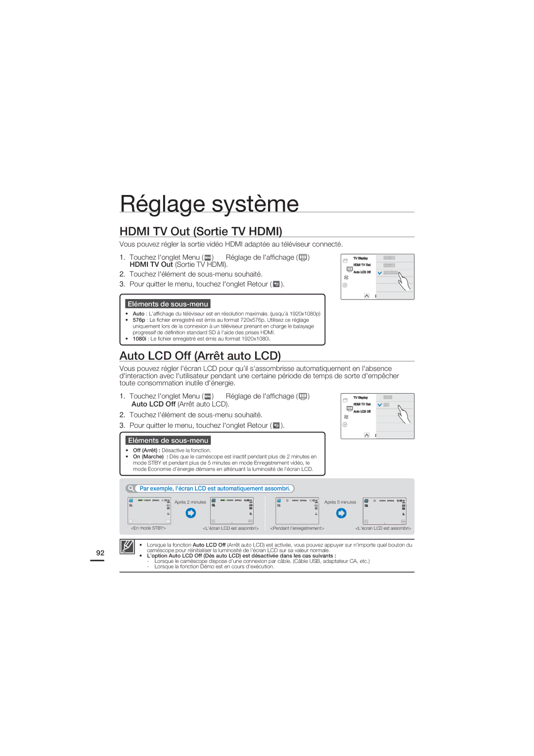 Samsung HMX-S15BP/EDC, HMX-S10BP/EDC manual Hdmi TV Out Sortie TV Hdmi, Auto LCD Off Arrêt auto LCD 