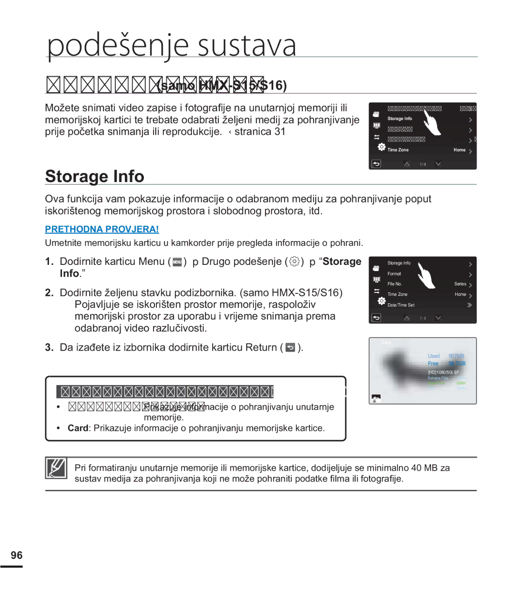 Samsung HMX-S15BP/EDC manual Storage Info, RGDEUDQRMYLGHRUDOXþLYRVWL, 6WDYNHSRGLERUQLNDVDPR+066, Phprulmh 