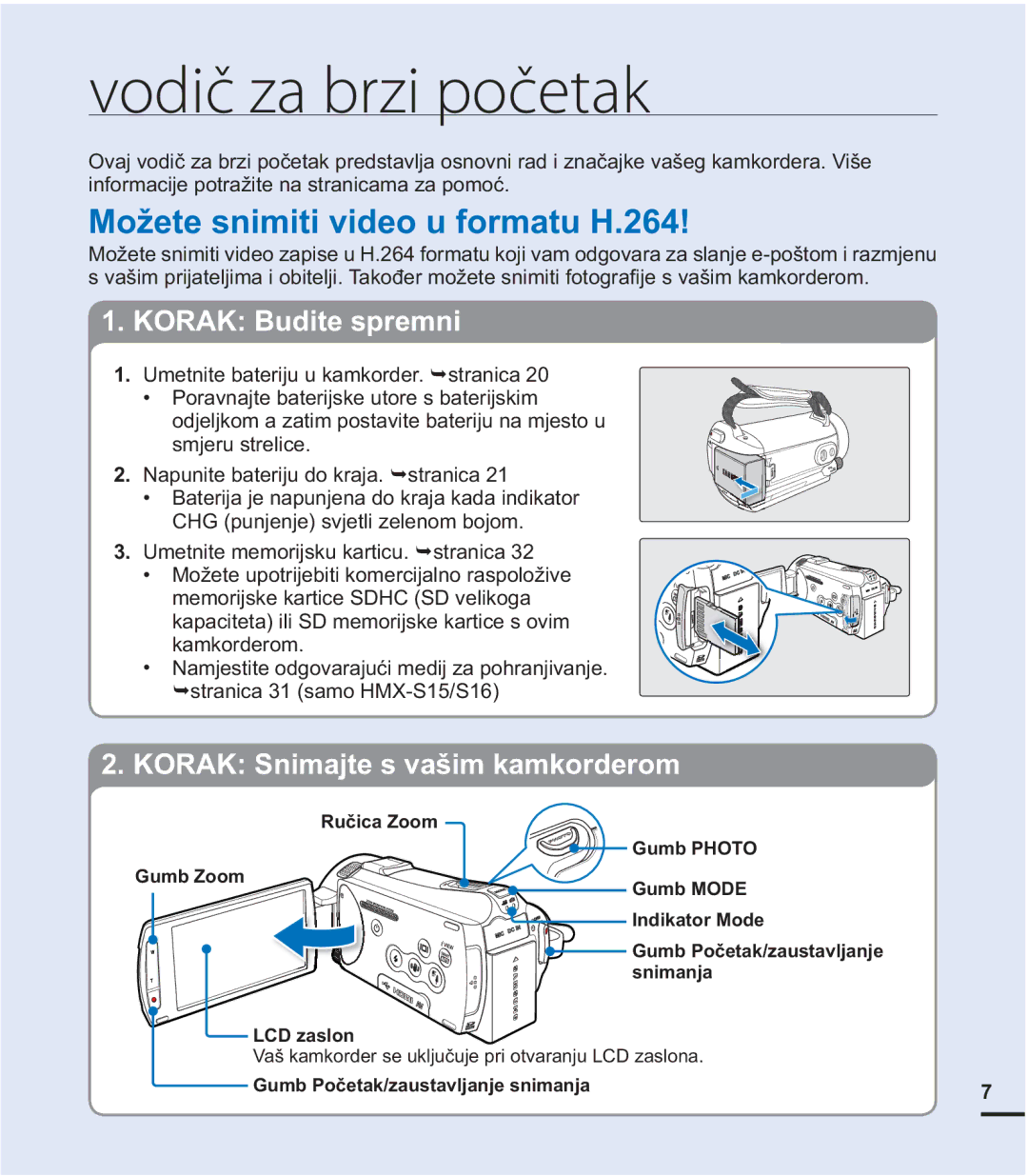 Samsung HMX-S15BP/EDC manual Vodič za brzi početak, 0RåHWHXSRWULMHELWLNRPHUFLMDOQRUDVSRORåLYH 