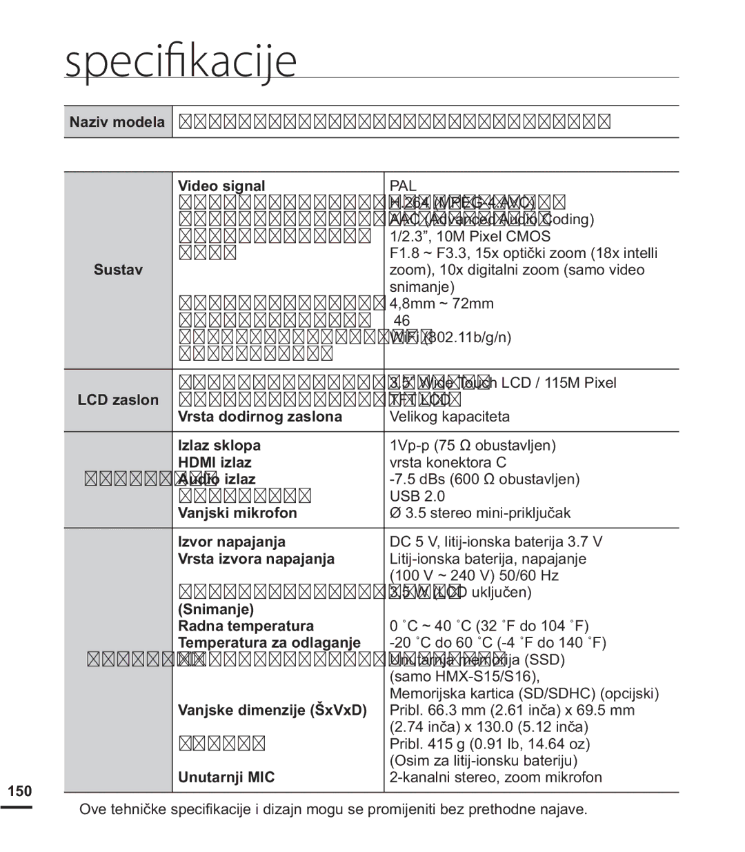 Samsung HMX-S15BP/EDC manual Specifikacije, 3URPMHU¿OWUD 