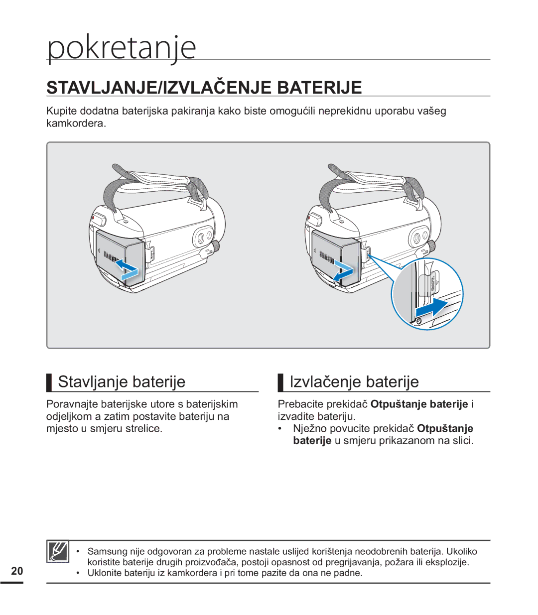 Samsung HMX-S15BP/EDC manual Pokretanje, 67$9/-$1-,=9/$ý1-%$75, YODþHQMHEDWHULMH 