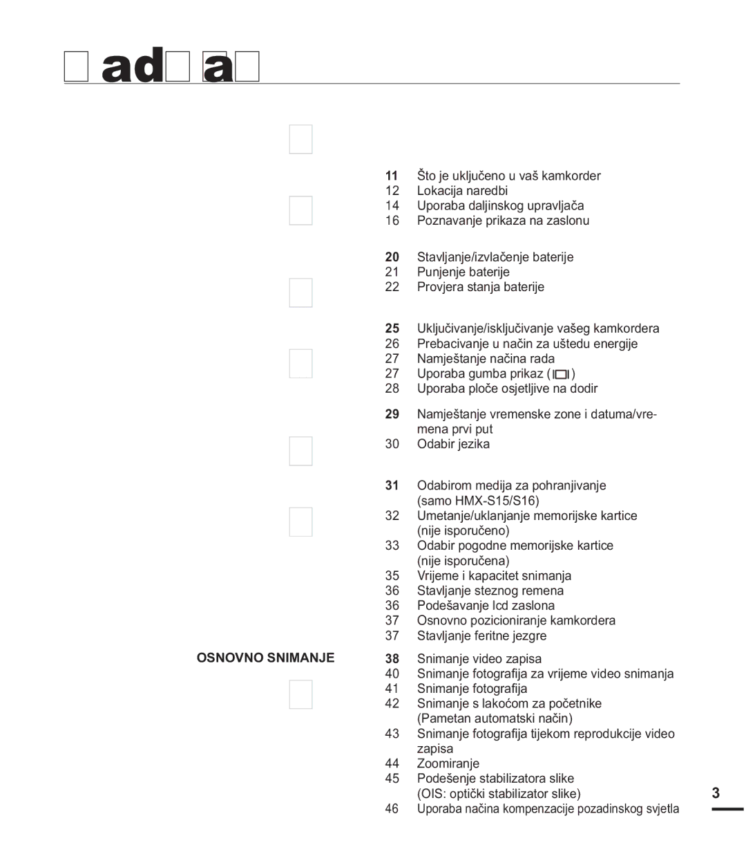 Samsung HMX-S15BP/EDC manual Sadržaj, Osnovno Snimanje 