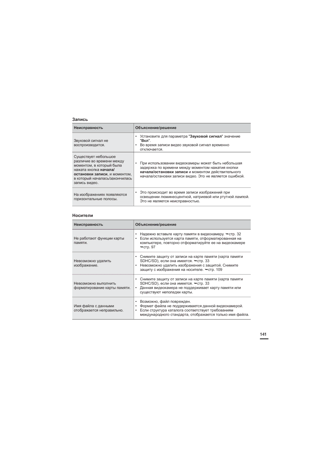 Samsung HMX-S15BP/XER, HMX-S10BP/XER, HMX-S16BP/XER manual Носители, 141, Остановки записи, и моментом 