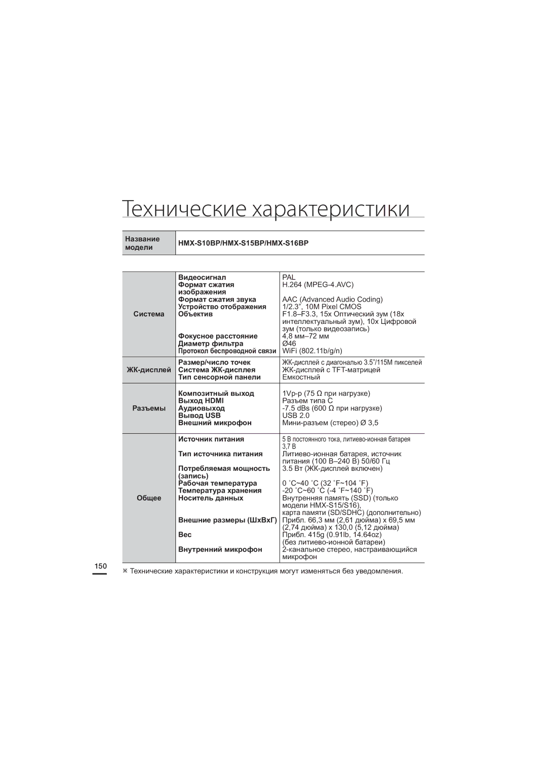 Samsung HMX-S15BP/XER, HMX-S10BP/XER, HMX-S16BP/XER manual Технические характеристики 