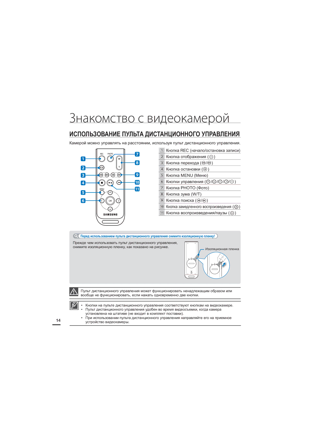 Samsung HMX-S16BP/XER, HMX-S15BP/XER, HMX-S10BP/XER manual Использование Пульта Дистанционного Управления 