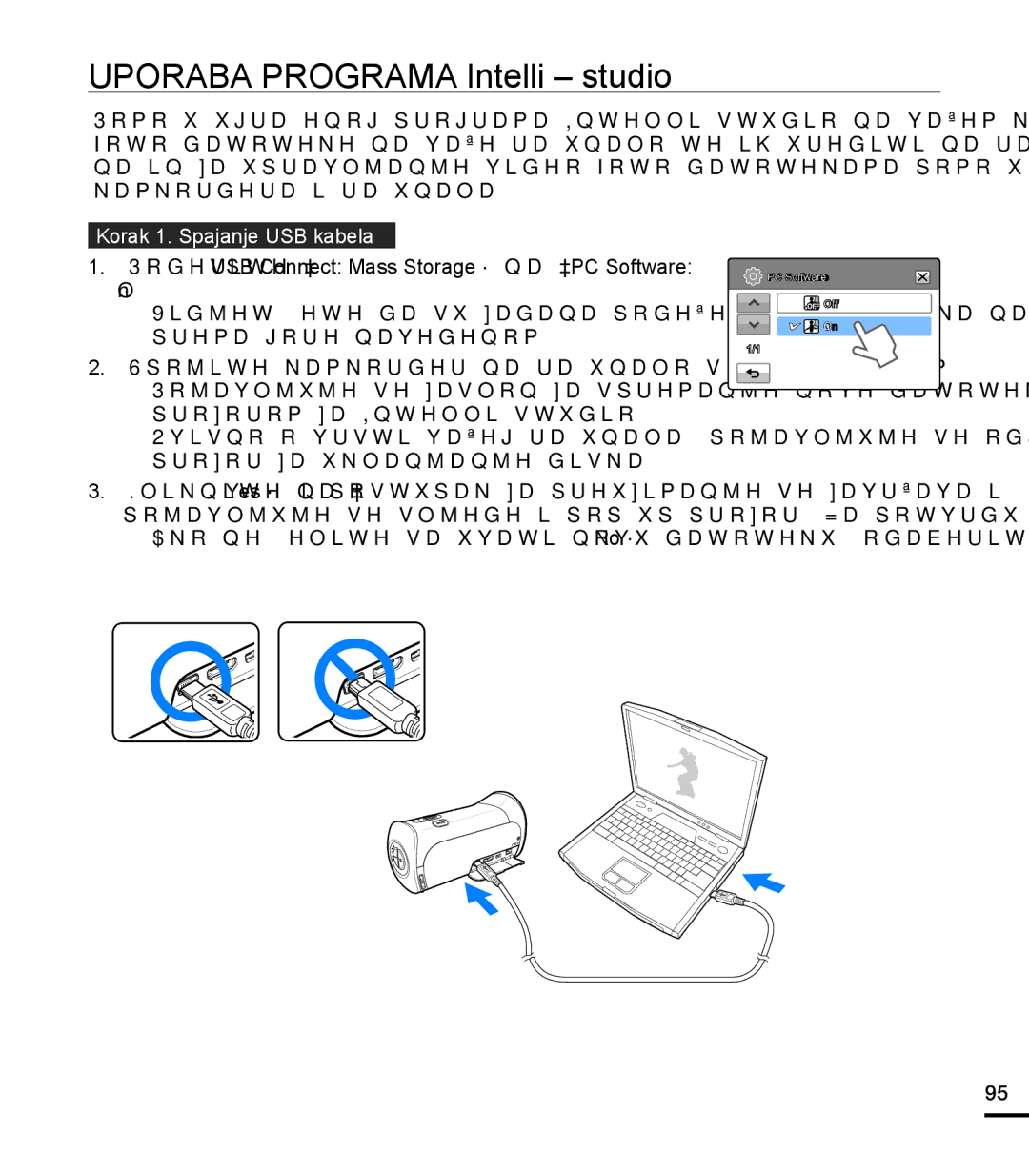 Samsung HMX-T10BP/EDC manual Uporaba Programa Intelli studio, Korak 1. Spajanje USB kabela 