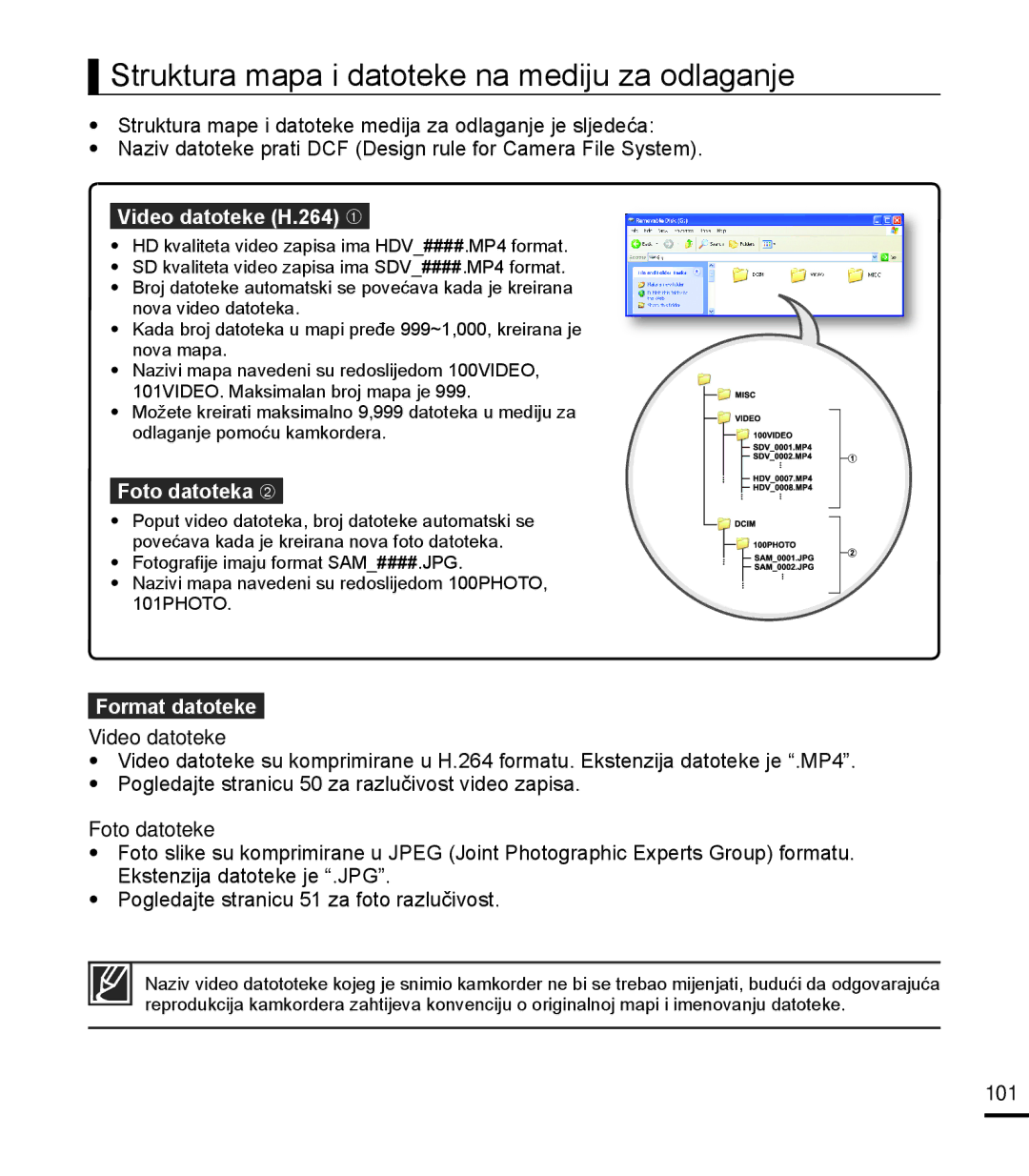 Samsung HMX-T10BP/EDC manual Struktura mapa i datoteke na mediju za odlaganje, Video datoteke H.264 ➀, Foto datoteka ➁, 101 