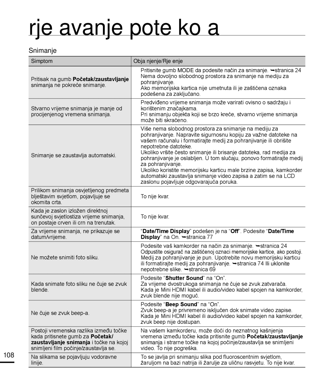 Samsung HMX-T10BP/EDC manual 108, Snimanje se zaustavlja automatski 