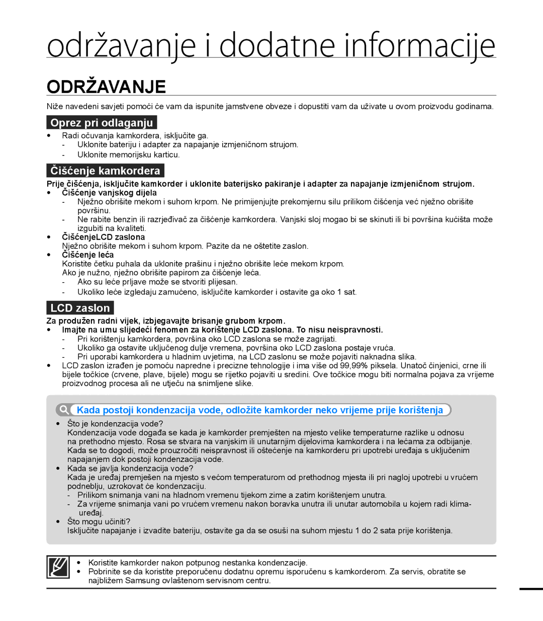 Samsung HMX-T10BP/EDC manual Održavanje, Oprez pri odlaganju, Čišćenje kamkordera, LCD zaslon, 113 