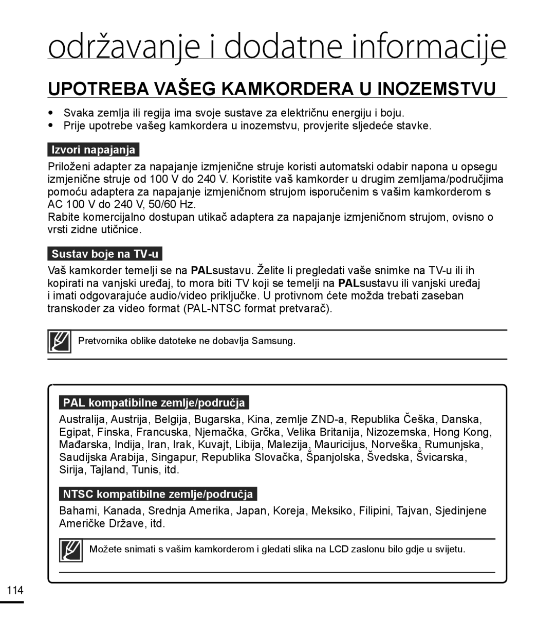 Samsung HMX-T10BP/EDC manual Upotreba Vašeg Kamkordera U Inozemstvu, Izvori napajanja, Sustav boje na TV-u 