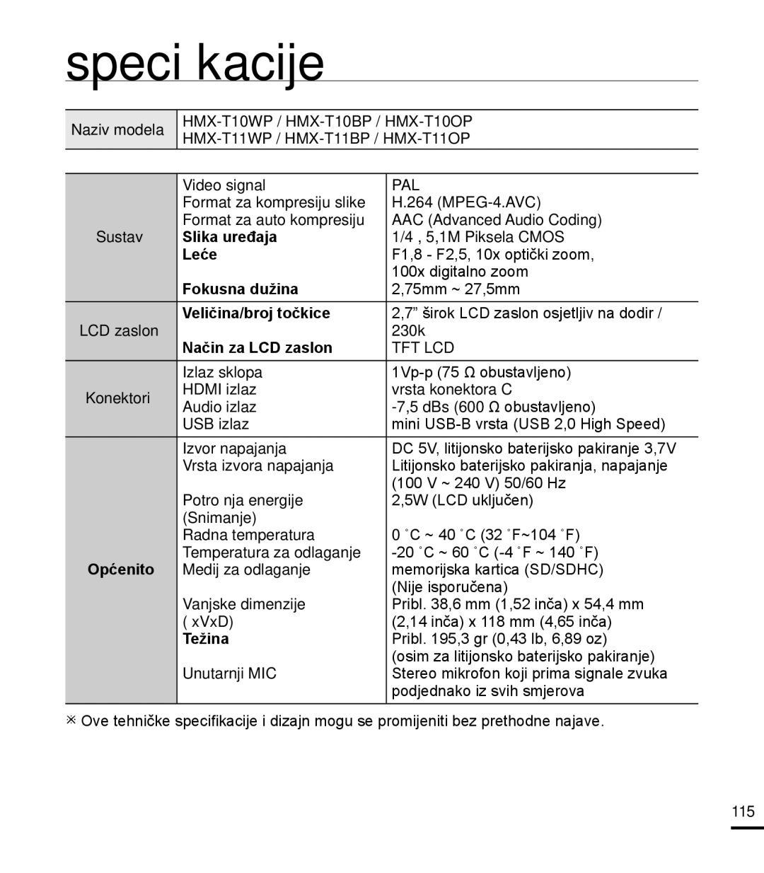 Samsung HMX-T10BP/EDC manual Specifikacije 