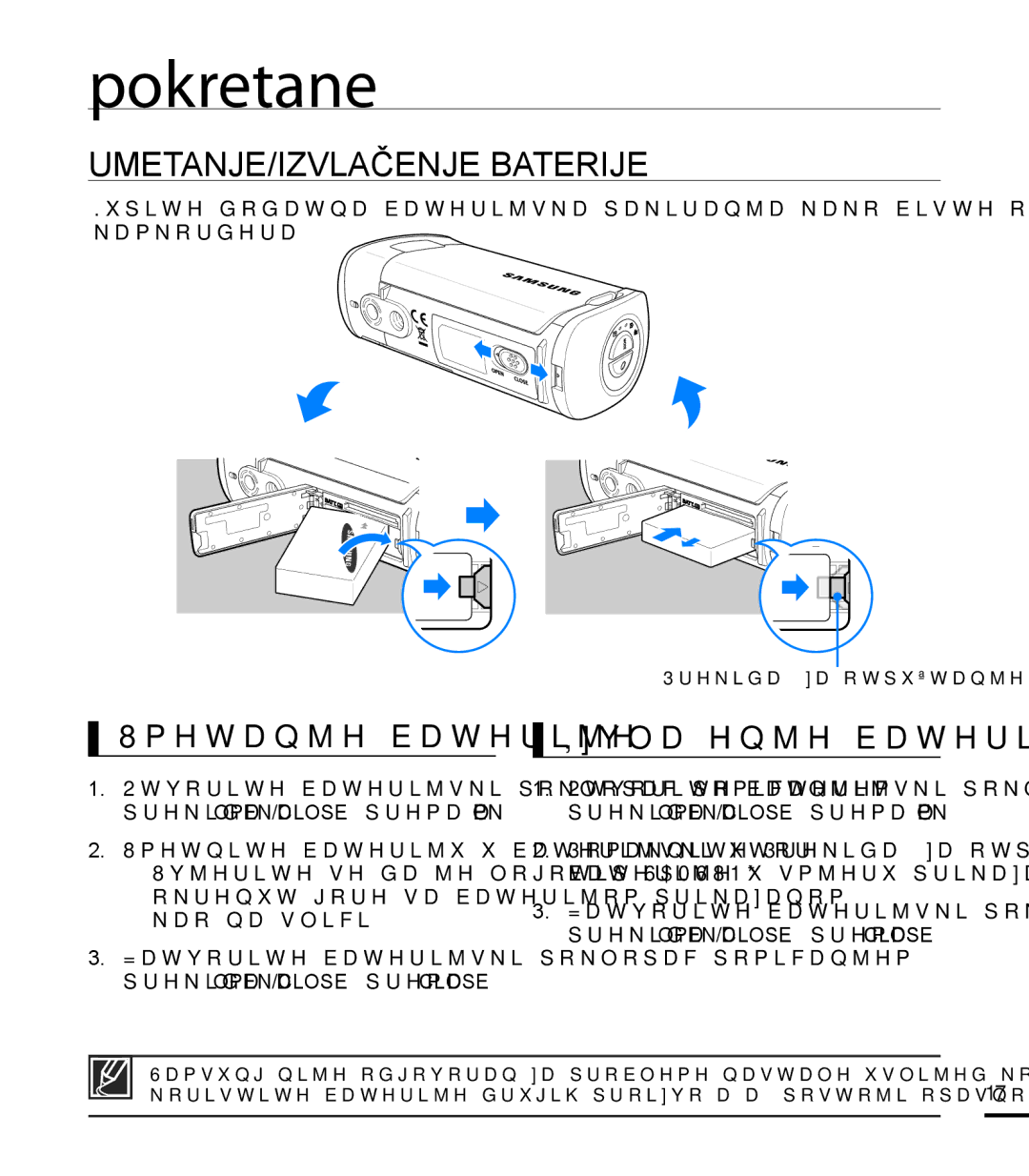 Samsung HMX-T10BP/EDC manual Pokretanje, UMETANJE/IZVLAČENJE Baterije, Umetanje baterije, Izvlačenje baterije 