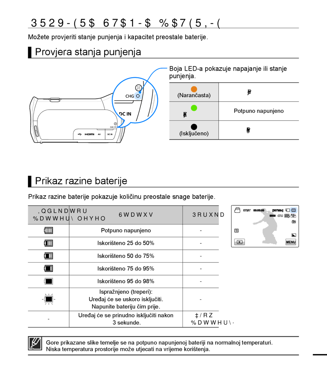 Samsung HMX-T10BP/EDC manual Provjera Stanja Baterije, Provjera stanja punjenja, Prikaz razine baterije 