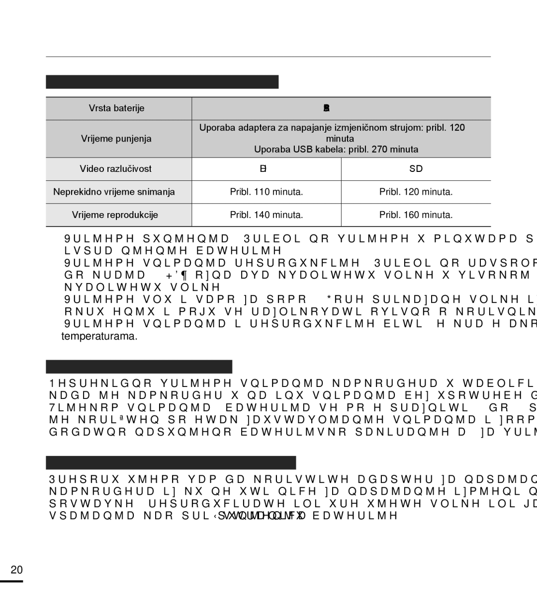 Samsung HMX-T10BP/EDC manual Raspoloživa vremena pokretanja za bateriju, Neprekidno snimanje bez zoom-a 