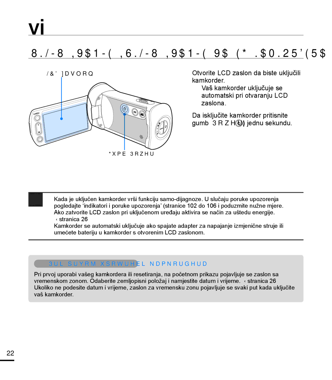 Samsung HMX-T10BP/EDC manual Osnovni rad kamkordera, UKLJUČIVANJE/ISKLJUČIVANJE Vašeg Kamkordera 