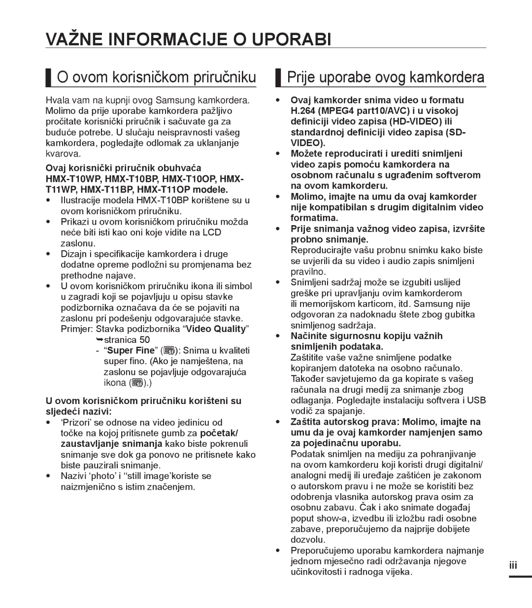 Samsung HMX-T10BP/EDC manual Važne Informacije O Uporabi, Ovom korisničkom priručniku, Prije uporabe ovog kamkordera, Iii 