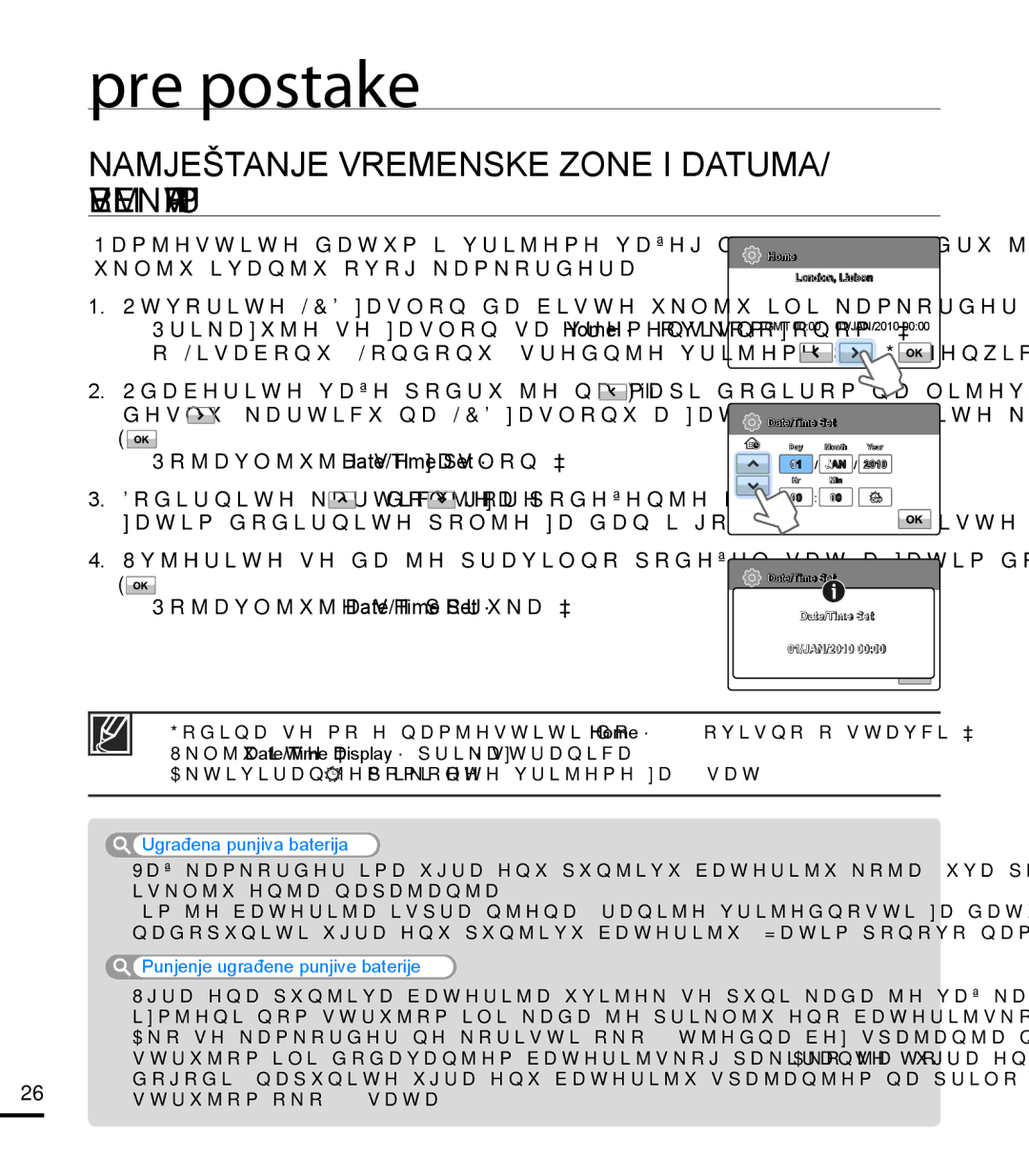 Samsung HMX-T10BP/EDC Prve postavke, Namještanje Vremenske Zone I DATUMA/ Vremena Prvi PUT, Ugrađena punjiva baterija 